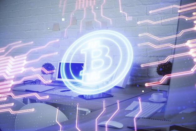 Double exposure of crypto technology theme drawing and office interior background Concept of blockchain