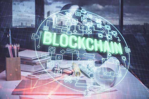 Double exposure of crypto technology theme drawing and office interior background Concept of blockchain