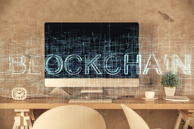 Double exposure of crypto technology theme drawing and office interior background Concept of blockchain