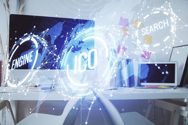 Double exposure of crypto technology theme drawing and office interior background Concept of blockchain