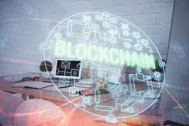 Double exposure of crypto technology theme drawing and office interior background Concept of blockchain