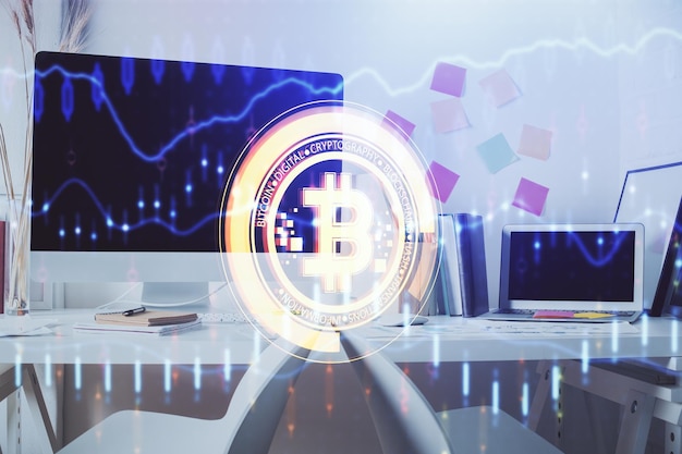 Double exposure of crypto technology theme drawing and office interior background Concept of blockchain