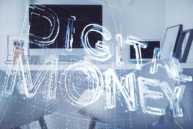 Double exposure of crypto technology theme drawing and office interior background Concept of blockchain