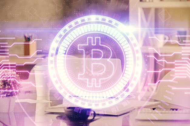 Double exposure of crypto technology theme drawing and office interior background Concept of blockchain