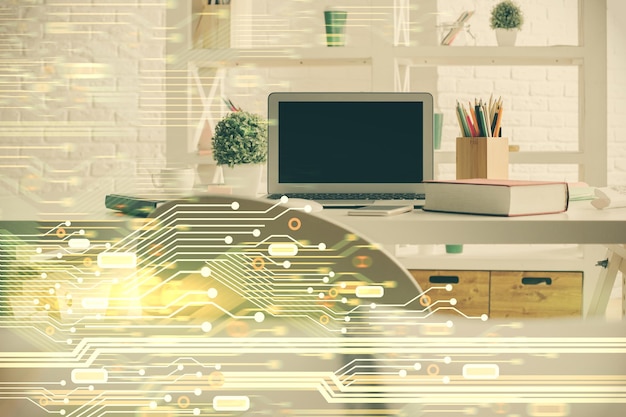 Double exposure of data theme drawing and office interior background Concept of technology