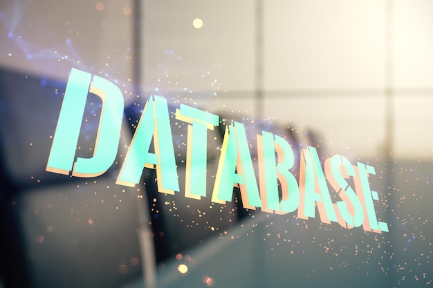 Double exposure of Database word sign on a modern conference room background global research and analytics concept