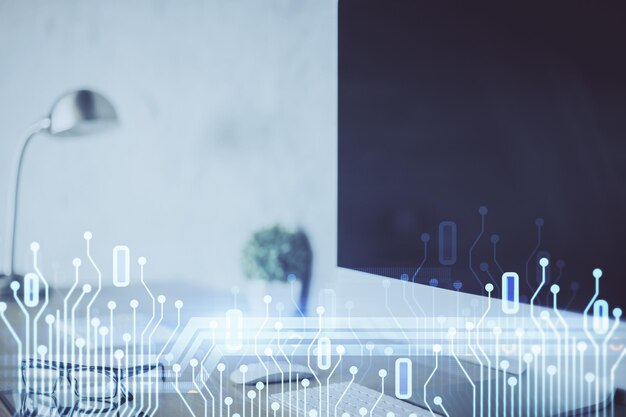 double exposure of desktop computer and technology theme hologram concept of software development
