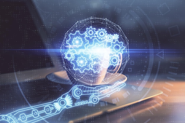 double exposure of desktop computer and technology theme hologram concept of software development
