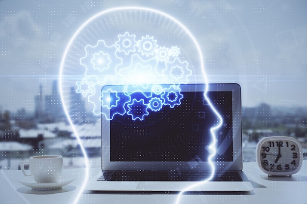 double exposure of desktop with computer and brain drawing hologram artificial intelligence concept