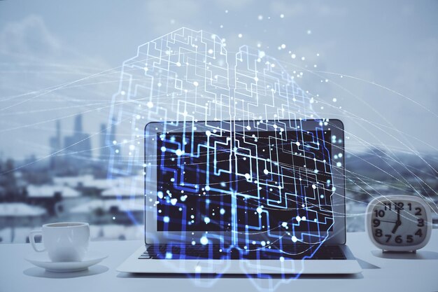Double exposure of desktop with computer and brain drawing hologram Artificial intelligence concept