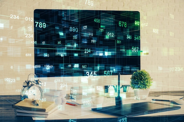 Double exposure of desktop with computer on background and tech theme drawing Concept of big data