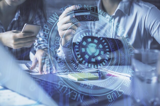 Double exposure of man and woman online shopping holding a credit card and data theme hologram drawing Ai and Ecommerce pay online concept