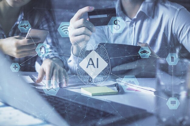 Double exposure of man and woman online shopping holding a credit card and data theme hologram drawing Ai and Ecommerce pay online concept