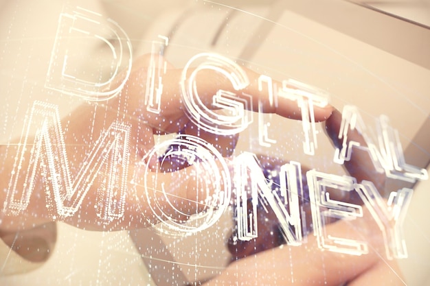 Double exposure of man's hands holding and using a phone and crypto currency blockchain theme drawing