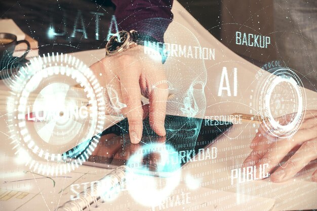 Double exposure of mans hand holding and using a digital device and data theme drawing Technology concept