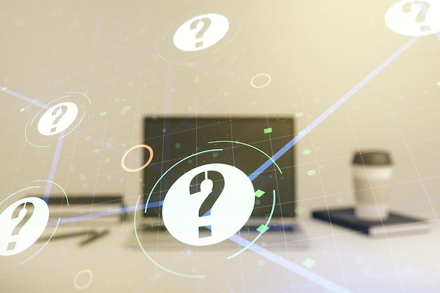 Double exposure of question mark hologram on laptop background Sociology and psychology concept