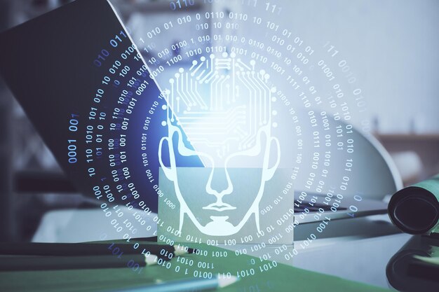 Double exposure of table with computer and brain hologram Data innovation concept