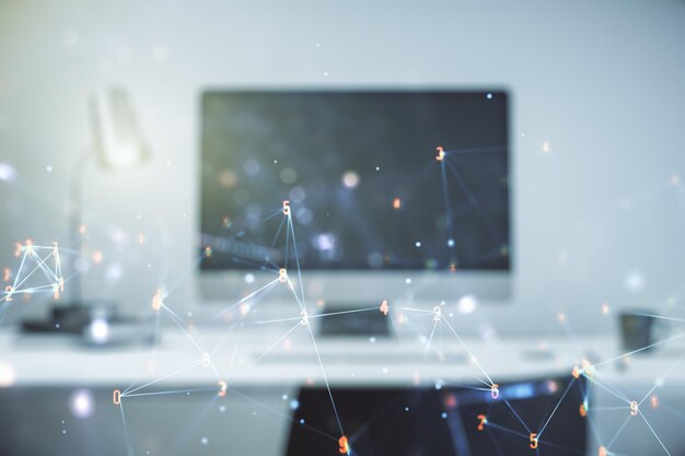 double exposure of technology hologram on laptop background research and development software concept