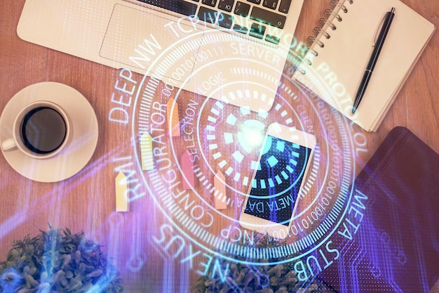 Double exposure of technology theme drawing over work table desktop Top view Global data analysis concept