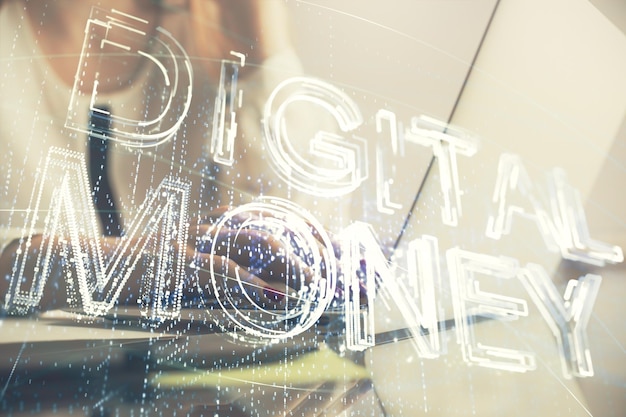 double exposure of woman hands typing on computer and crypto market theme hologram drawing blockchain concept