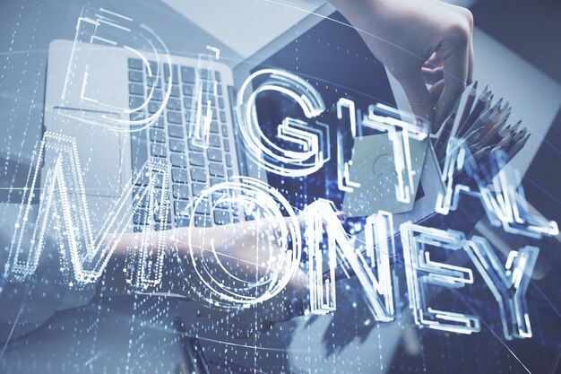 double exposure of woman hands typing on computer and crypto market theme hologram drawing blockchain concept