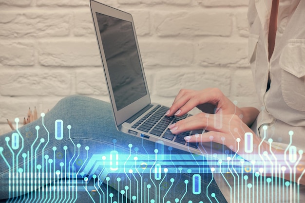 double exposure of woman hands working on computer and data theme hologram drawing tech concept