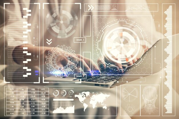 double exposure of woman hands working on computer and data theme hologram drawing tech concept