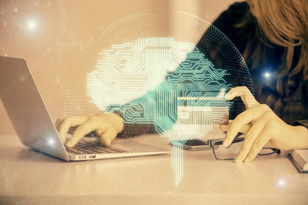 double exposure of woman online shopping holding a credit card and brain hologram drawing data ecommerce concept