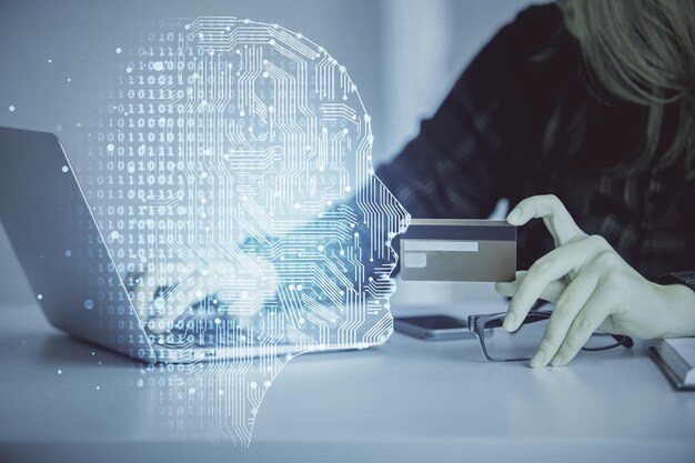 Double exposure of woman online shopping holding a credit card and brain hologram drawing Data Ecommerce concept