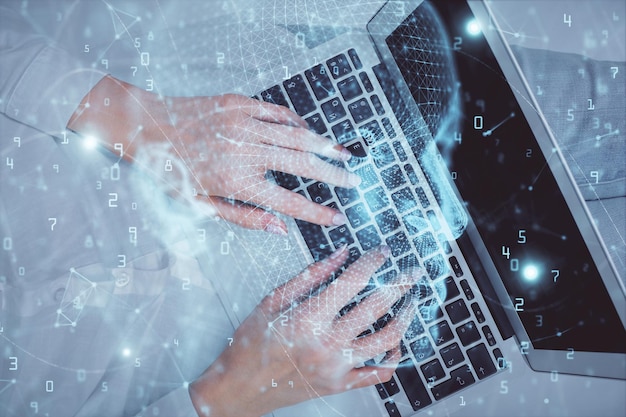 Double exposure of woman working on computer andhuman brain hologram drawing Top View Ai concept