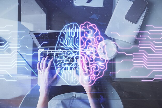 Double exposure of woman working on computer andhuman brain hologram drawing Top View Ai concept