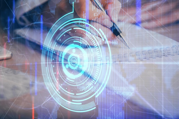 double exposure of womans writing hand on background with data technology hud big data concept