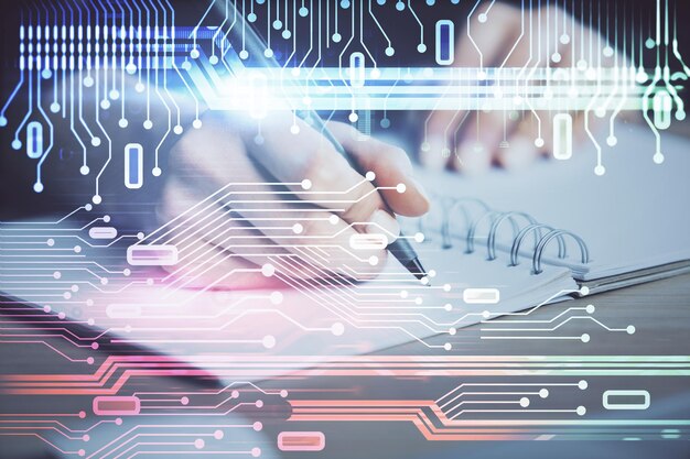 double exposure of writing hands on background with data solution hologram on front technology concept close up