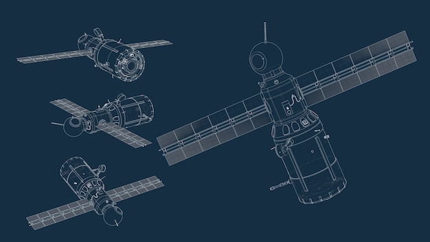 Drafting silhouette of a spaceship and its parts on a blue background