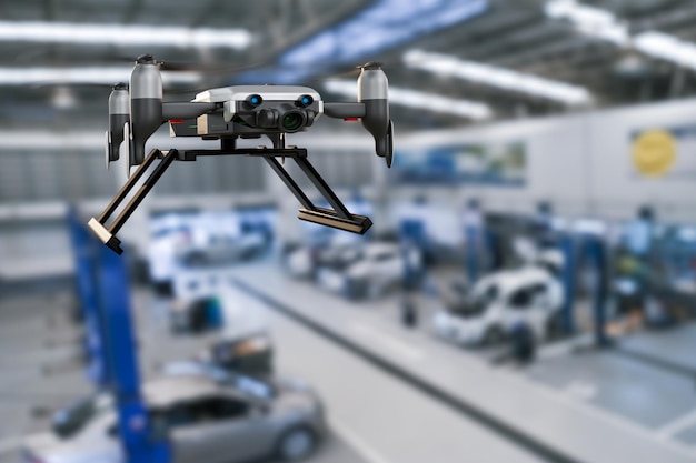Drone with car production processing service in factory robot