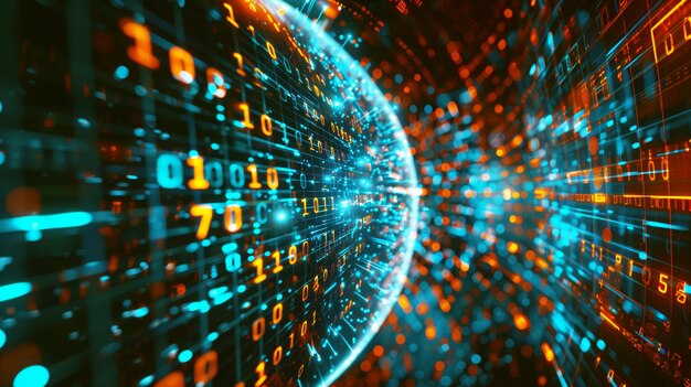 Dynamic digital abstract background with glowing binary code elements floating across a dark space suggesting concepts of data technology and communications