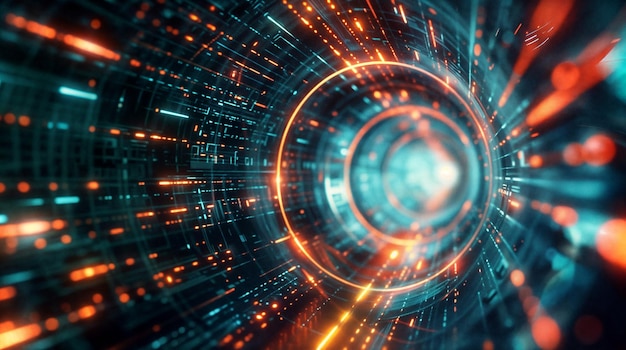 Dynamic visualization of a futuristic tunnel filled with glowing lights and data streams