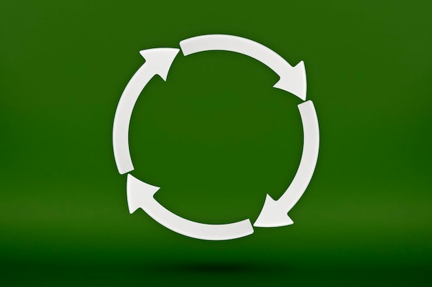 ecology recycling symbol white arrows form a circle 3d image on a green background green products green renewable energy graph pointing up and down