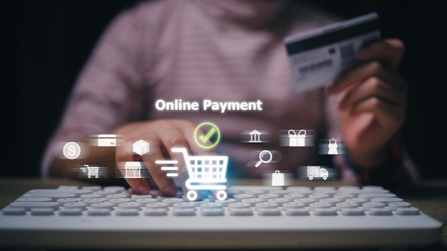 ecommerce delivery online payment access paying online payment concept women use laptop banking and online shopping via banking mobile apps etransactions and financial technology