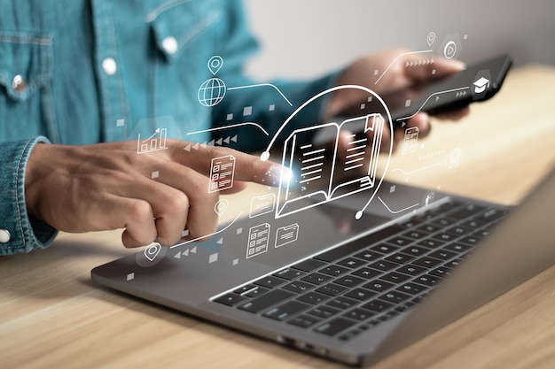 Education internet Technology Education on internet elearning concept Person who attends online lessons on a digital screen