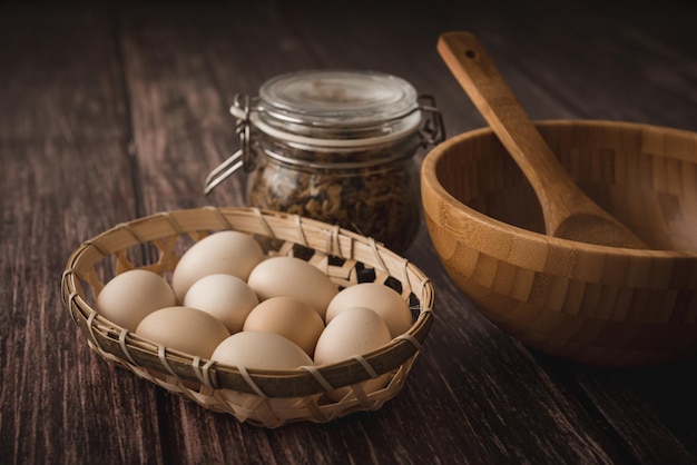 eggs in basket on table