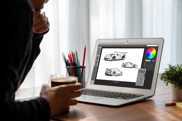 electric car design software on computer screen show simulation blueprint snugly