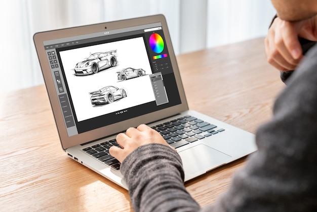 electric car design software on computer screen show simulation blueprint snugly