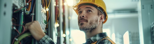 Electrician working on a control panel wearing a yellow safety helmet inspecting electrical wires an