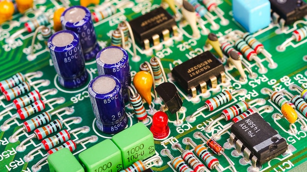 Electronic circuit board close up electronic devices on boards