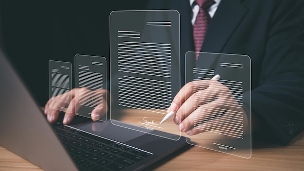 Electronic signature business concept Businessman signs an electronic document business approved