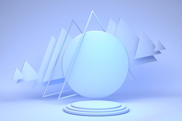 Empty blue white cylinder podium with triangle frame on light pastel background Abstract minimal  3d geometric shape object  space for display of product design 3d rendering