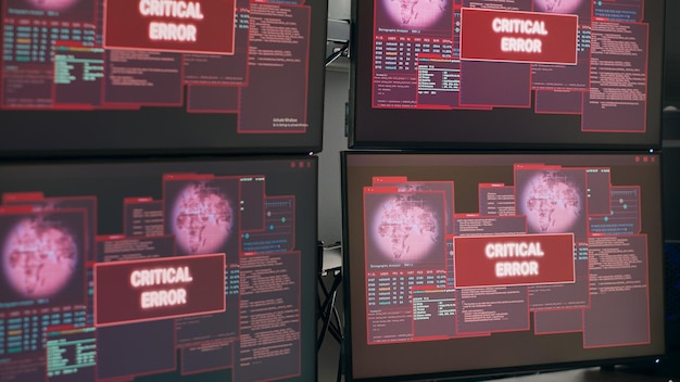 Empty desk with multiple monitors showing system crash warning, critical error message flashing on screen. Computer displaying security breach alert and hacking warning, computer malfunction.