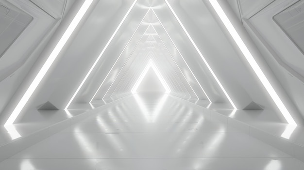 Empty Long Light Corridor Modern white background Futuristic SciFi Triangle Tunnel Minimal technolog