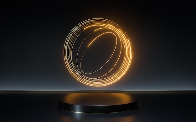 Empty stage and neon light with black background 3d rendering